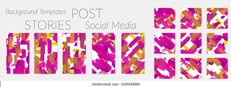 Creative backgrounds for social media. Editable story templates. Bright colored with gradient stripes or small particles promotional backgrounds for social media apps. Glitch effect.
