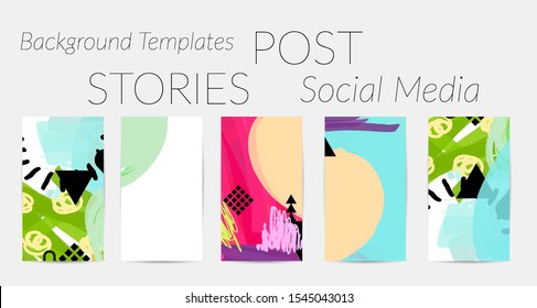 Creative backgrounds for social media. Editable story templates. Bright colored with hand drawn scribbles promotional backgrounds for social media apps.