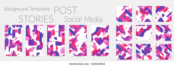 Creative backgrounds for social media. Editable story templates. Bright colored with gradient stripes or small particles promotional backgrounds for social media apps. Glitch effect.