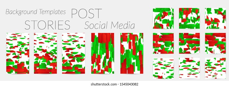 Creative backgrounds for social media. Editable story templates. Bright colored with gradient stripes or small particles promotional backgrounds for social media apps. Glitch effect.