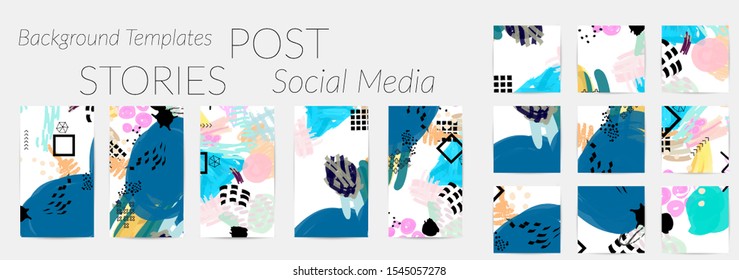 Creative backgrounds for social media. Editable story templates. Bright colored with hand drawn scribbles promotional backgrounds for social media apps.