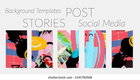 Creative backgrounds for social media. Editable story templates. Bright colored with hand drawn scribbles promotional backgrounds for social media apps.