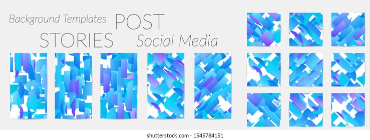 Creative backgrounds for social media. Editable story templates. Bright colored with gradient stripes or small particles promotional backgrounds for social media apps. Glitch effect.