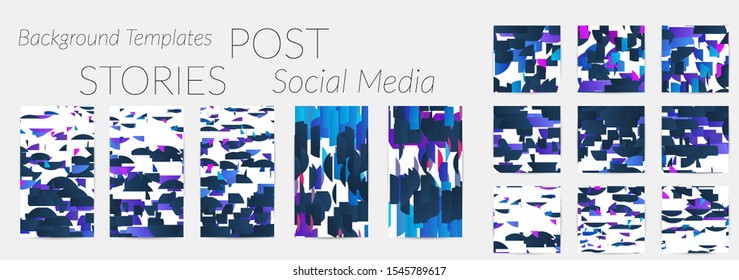 Creative backgrounds for social media. Editable story templates. Bright colored with gradient stripes or small particles promotional backgrounds for social media apps. Glitch effect.