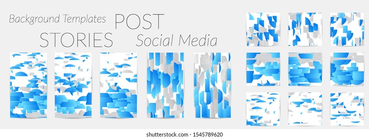 Creative backgrounds for social media. Editable story templates. Bright colored with gradient stripes or small particles promotional backgrounds for social media apps. Glitch effect.