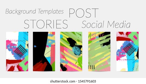 Creative backgrounds for social media. Editable story templates. Bright colored with hand drawn scribbles promotional backgrounds for social media apps.