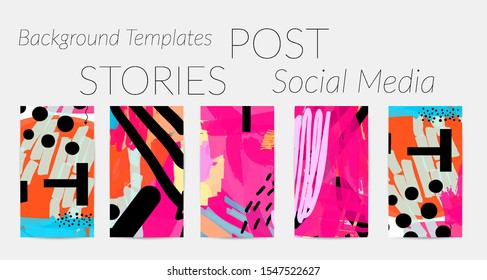 Creative backgrounds for social media. Editable story templates. Bright colored with hand drawn scribbles promotional backgrounds for social media apps.