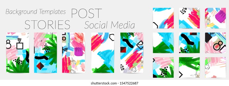 Creative backgrounds for social media. Editable story templates. Bright colored with hand drawn scribbles promotional backgrounds for social media apps.