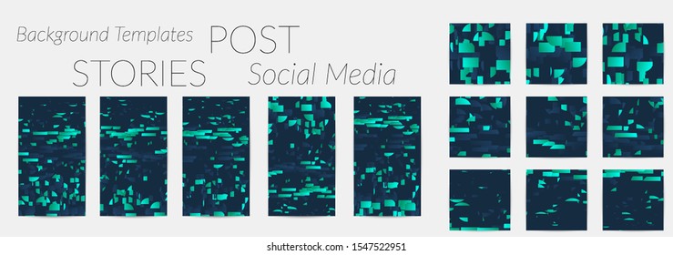 Creative backgrounds for social media. Editable story templates. Bright colored with gradient stripes or small particles promotional backgrounds for social media apps. Glitch effect.