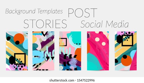 Creative backgrounds for social media. Editable story templates. Bright colored with hand drawn scribbles promotional backgrounds for social media apps.