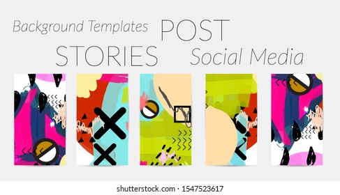 Creative backgrounds for social media. Editable story templates. Bright colored with hand drawn scribbles promotional backgrounds for social media apps.