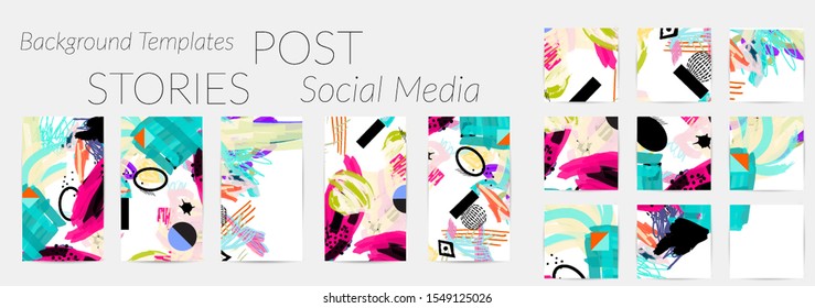 Creative backgrounds for social media. Editable story templates. Bright colored with hand drawn scribbles promotional backgrounds for social media apps.