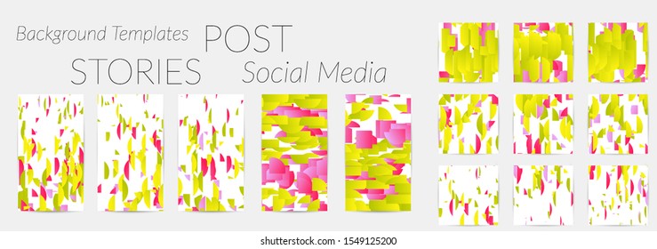 Creative backgrounds for social media. Editable story templates. Bright colored with gradient stripes or small particles promotional backgrounds for social media apps. Glitch effect.