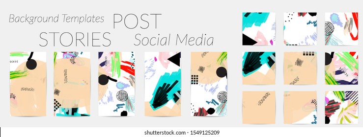 Creative backgrounds for social media. Editable story templates. Bright colored with hand drawn scribbles promotional backgrounds for social media apps.