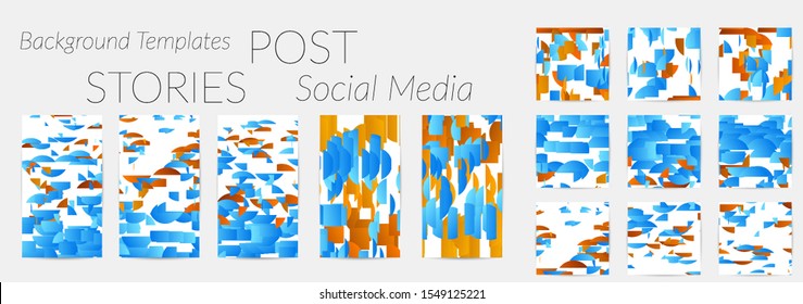 Creative backgrounds for social media. Editable story templates. Bright colored with gradient stripes or small particles promotional backgrounds for social media apps. Glitch effect.