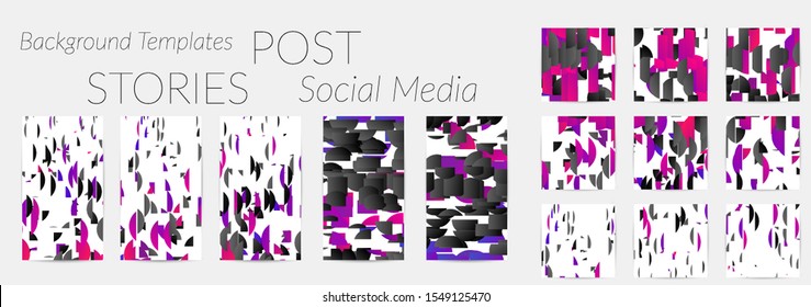 Creative backgrounds for social media. Editable story templates. Bright colored with gradient stripes or small particles promotional backgrounds for social media apps. Glitch effect.