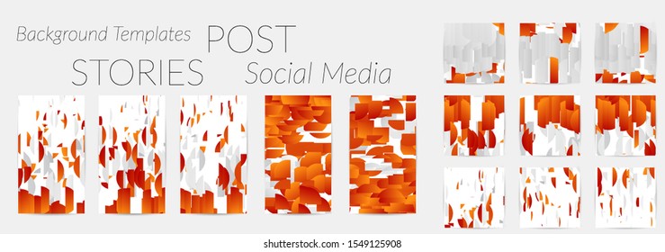 Creative backgrounds for social media. Editable story templates. Bright colored with gradient stripes or small particles promotional backgrounds for social media apps. Glitch effect.