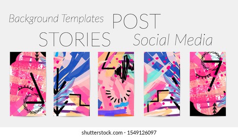 Creative backgrounds for social media. Editable story templates. Bright colored with hand drawn scribbles promotional backgrounds for social media apps.