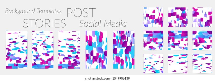 Creative backgrounds for social media. Editable story templates. Bright colored with gradient stripes or small particles promotional backgrounds for social media apps. Glitch effect.