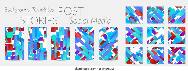 Creative backgrounds for social media. Editable story templates. Bright colored with gradient stripes or small particles promotional backgrounds for social media apps. Glitch effect.