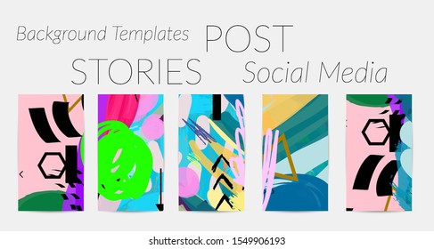 Creative backgrounds for social media. Editable story templates. Bright colored with hand drawn scribbles promotional backgrounds for social media apps.