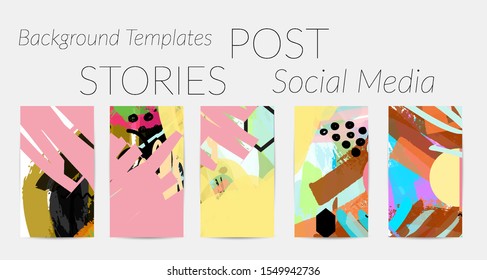 Creative backgrounds for social media. Editable story templates. Bright colored with hand drawn scribbles promotional backgrounds for social media apps.