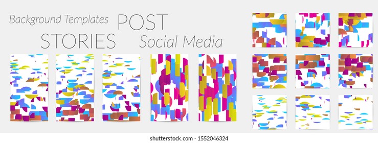 Creative backgrounds for social media. Editable story templates. Bright colored with gradient stripes or small particles promotional backgrounds for social media apps. Glitch effect.