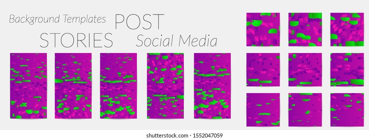 Creative backgrounds for social media. Editable story templates. Bright colored with gradient stripes or small particles promotional backgrounds for social media apps. Glitch effect.