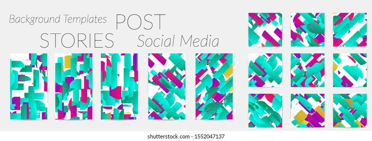 Creative backgrounds for social media. Editable story templates. Bright colored with gradient stripes or small particles promotional backgrounds for social media apps. Glitch effect.
