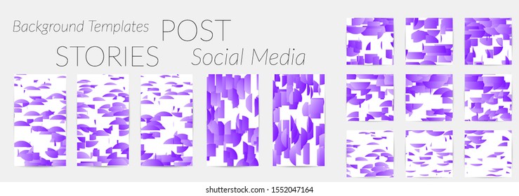 Creative backgrounds for social media. Editable story templates. Bright colored with gradient stripes or small particles promotional backgrounds for social media apps. Glitch effect.