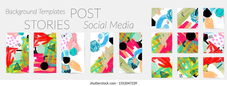 Creative backgrounds for social media. Editable story templates. Bright colored with hand drawn scribbles promotional backgrounds for social media apps.