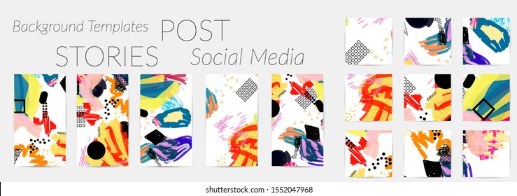 Creative backgrounds for social media. Editable story templates. Bright colored with hand drawn scribbles promotional backgrounds for social media apps.