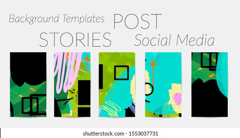 Creative backgrounds for social media. Editable story templates. Bright colored with hand drawn scribbles promotional backgrounds for social media apps.