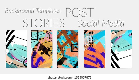 Creative backgrounds for social media. Editable story templates. Bright colored with hand drawn scribbles promotional backgrounds for social media apps.