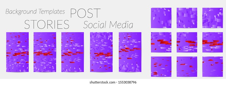Creative backgrounds for social media. Editable story templates. Bright colored with gradient stripes or small particles promotional backgrounds for social media apps. Glitch effect.