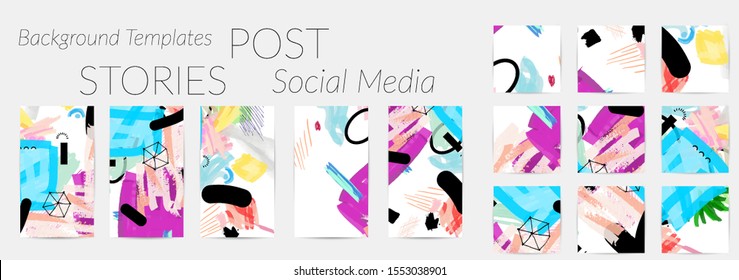 Creative backgrounds for social media. Editable story templates. Bright colored with hand drawn scribbles promotional backgrounds for social media apps.