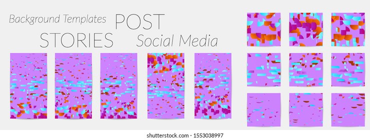 Creative backgrounds for social media. Editable story templates. Bright colored with gradient stripes or small particles promotional backgrounds for social media apps. Glitch effect.