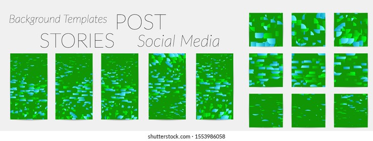 Creative backgrounds for social media. Editable story templates. Bright colored with gradient stripes or small particles promotional backgrounds for social media apps. Glitch effect.
