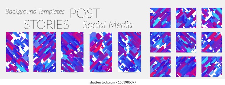 Creative backgrounds for social media. Editable story templates. Bright colored with gradient stripes or small particles promotional backgrounds for social media apps. Glitch effect.