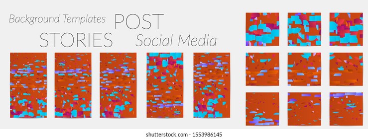 Creative backgrounds for social media. Editable story templates. Bright colored with gradient stripes or small particles promotional backgrounds for social media apps. Glitch effect.
