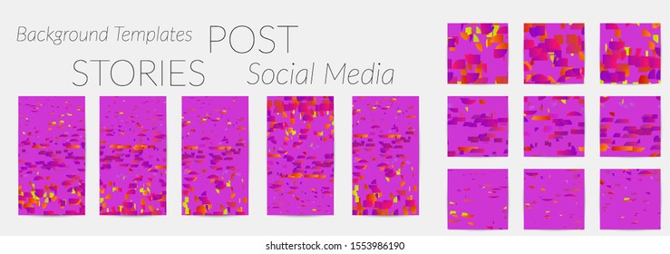 Creative backgrounds for social media. Editable story templates. Bright colored with gradient stripes or small particles promotional backgrounds for social media apps. Glitch effect.