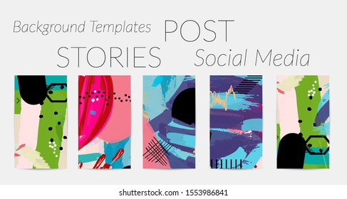 Creative backgrounds for social media. Editable story templates. Bright colored with hand drawn scribbles promotional backgrounds for social media apps.