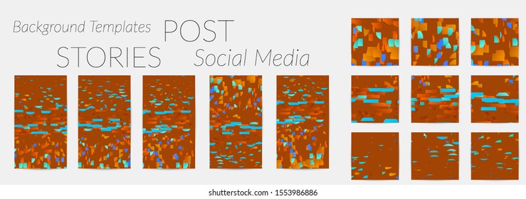 Creative backgrounds for social media. Editable story templates. Bright colored with gradient stripes or small particles promotional backgrounds for social media apps. Glitch effect.