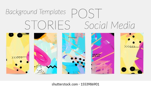 Creative backgrounds for social media. Editable story templates. Bright colored with hand drawn scribbles promotional backgrounds for social media apps.