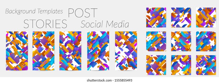 Creative backgrounds for social media. Editable story templates. Bright colored with gradient stripes or small particles promotional backgrounds for social media apps. Glitch effect.