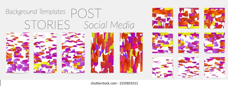 Creative backgrounds for social media. Editable story templates. Bright colored with gradient stripes or small particles promotional backgrounds for social media apps. Glitch effect.