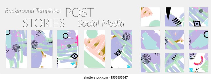 Creative backgrounds for social media. Editable story templates. Bright colored with hand drawn scribbles promotional backgrounds for social media apps.