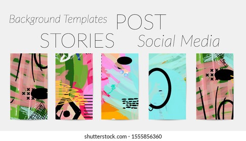 Creative backgrounds for social media. Editable story templates. Bright colored with hand drawn scribbles promotional backgrounds for social media apps.