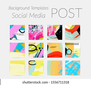 Creative backgrounds for social media. Editable story templates. Bright colored with hand drawn scribbles promotional backgrounds for social media apps.