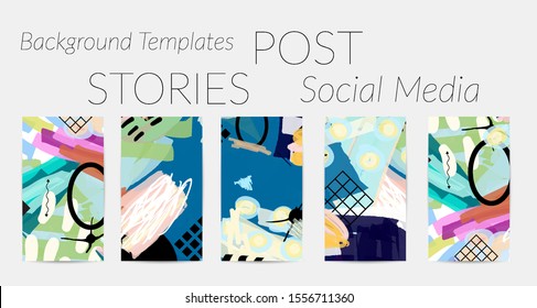 Creative backgrounds for social media. Editable story templates. Bright colored with hand drawn scribbles promotional backgrounds for social media apps.